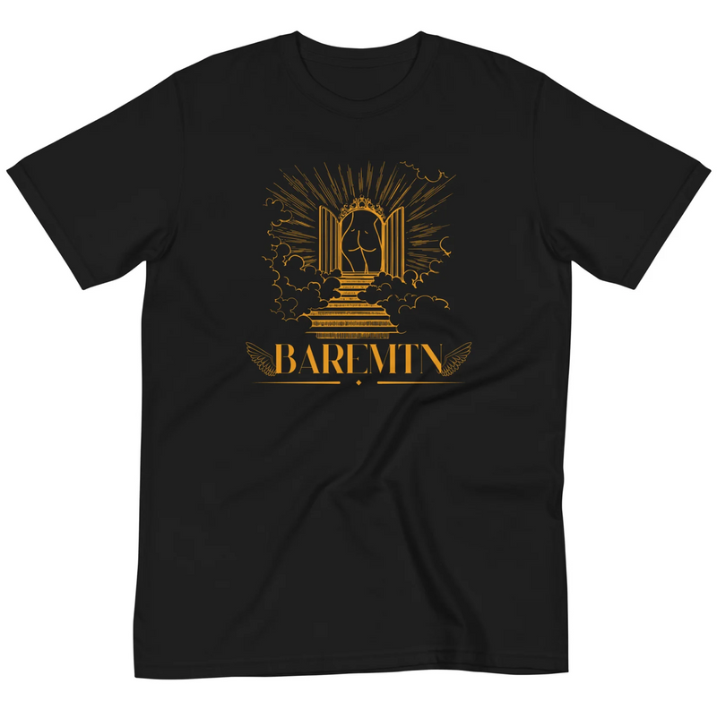 Pearly Gates of BAREMTN Tee | Black shirt a figure of a butt at the top of some stair surrounded by the clouds